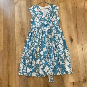 Garnet Hill Blue Floral Tie Waist Cap Sleeve Dress Size 12